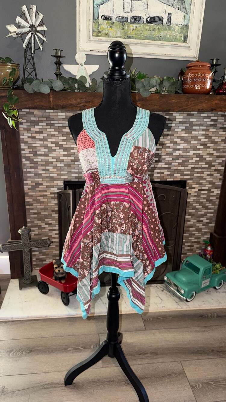 NESLAY Paris Patchwork Halter Top Size L Brown Pink Boho Tank